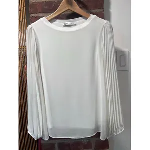 Zara White Pleated Balloon Sleeve Blouse Minimalist Romantic XS thumbnail 3