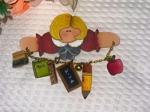 VTG Teacher Brooch Pin - Pencil School Apple Apple A+ Educational Dangle Rare thumbnail 1