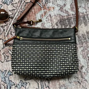 Fossil Fiona Crossbody Bag Coated Canvas Key Print Stripe Black White Brown thumbnail 3