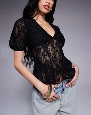 NWT Black Lace see through Cap Sleeve Babydoll high low Top size M thumbnail 3
