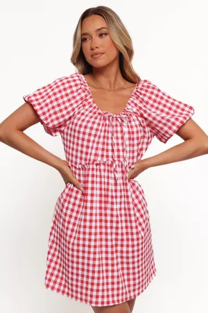 Petal + Pup Dorothea Gingham Mini Dress Red White Smocked Large thumbnail 1