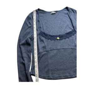Intimately Free People Blue Ribbed Lace Trim Rosette Square Neck Cropped Top M thumbnail 6