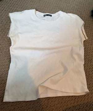 Zara White Cap Sleeve Cotton Tee with Contrast Trim thumbnail 1
