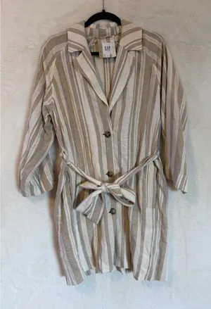 Gap Linen Blend Striped Shirt Dress Womens Small Tan White Long Sleeve Belted thumbnail 1