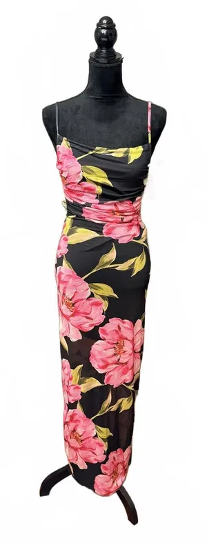 Persaya Black Floral Midi Dress with Pink and Yellow Flowers thumbnail 1