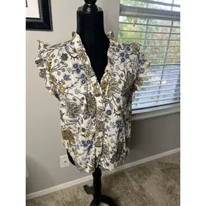 Elan Floral Ruffle‎ Trim Sleeveless Top Blouse Size Medium Cotton thumbnail 3