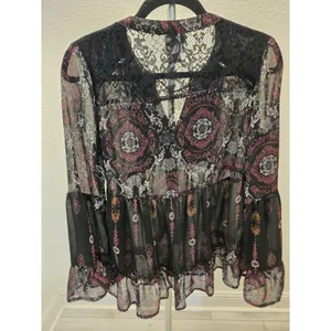 Knox Rose Sheer Paisley Lace Velvet Accent Boho Tunic Blouse Black Pink Women M thumbnail 5