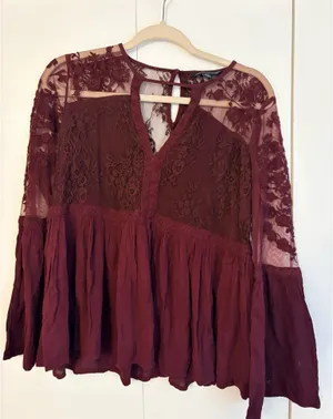 American Eagle Lace Burgundy Long Sleeve Blouse thumbnail 1