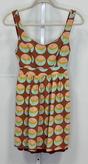 Judith March Brown Geometric Crescent Print Linen Blend Cutout Tie Back Dress S thumbnail 1