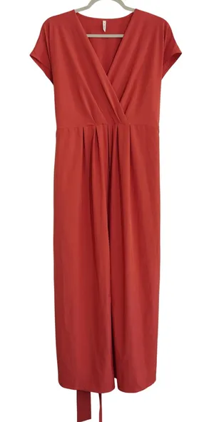 Halara XL Maxi Dress Coral Red V-Neck Tie Back Pockets Flowy Casual Sporty thumbnail 1