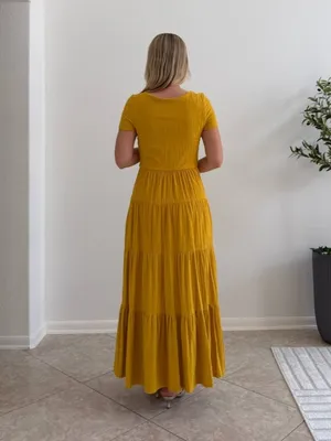 Anthropologie, Maeve, Gillian, Mustard, Tiered, Maxi Dress, Cotton, Puff Sleeve thumbnail 2