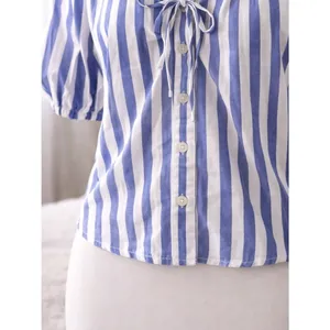J.Crew Blue White Striped Blouse Tie Neck Puff Sleeve Coastal Chic thumbnail 2
