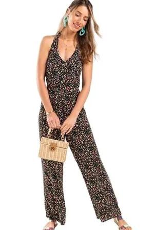 Francescas Mi Ami Halter Floral Black Backless One Piece Jumpsuit S thumbnail 1