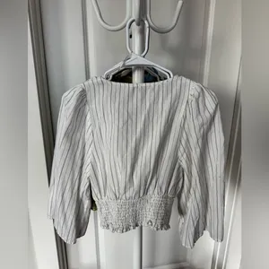 ZARA White Pinstripe V-Neck Smocked Waist Blouse thumbnail 3