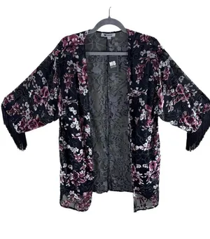 MB Design NWT Floral Velvet Sheer 3/4 Fringe Sleeve Lightweight Open Blouse Sz S thumbnail 1