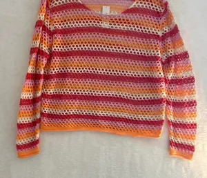 Francesca's Crochet Sweater Womens XL Pink Orange Striped Open‎ Knit Cotton NWT thumbnail 1