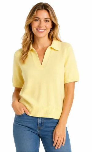 NWT Marled Creamy Yellow Short-Sleeve Polo Sweater‎ thumbnail 1