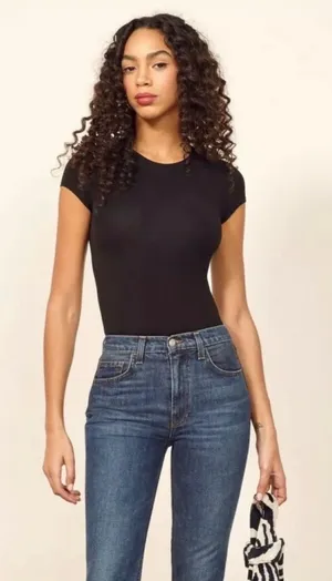REFORMATION- Racquel Bodysuit Black Short Sleeve Size M thumbnail 1