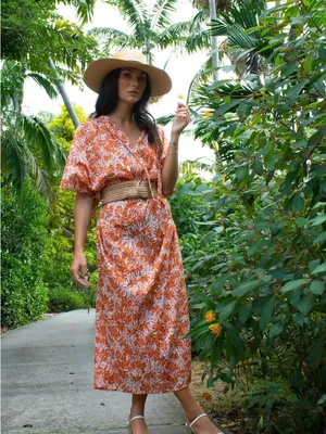 Orange Floral Print Maxi Dress - Casual Tie-Neck Tunic thumbnail 2