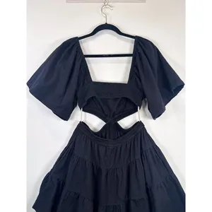 Free People Mini Dress Black Cross Of Sunlight Cutout Waist Smocked Tiered Small thumbnail 10