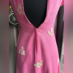 Vintage handmade 50/60s pink beaded cap sleeve formal maxi dress, size small thumbnail 8