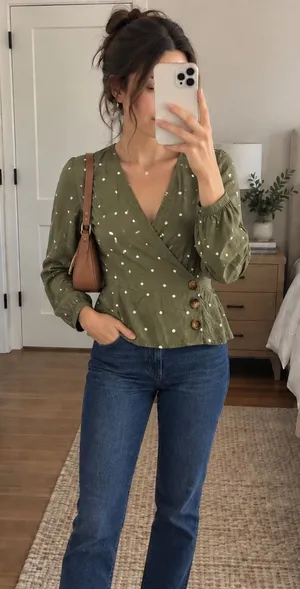 Abercrombie Olive Polka Dot Wrap Blouse Small like new thumbnail 1