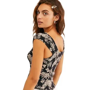 Free People Vanessa Tank Size XS Black Floral‎ Cap Sleeve Button Front Crop Top thumbnail 2