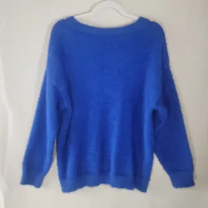 Y2K V-Neck Fuzzy Eyelash Knit Sweater Vibrant Royal Blue Small UltraSoft Fluffy thumbnail 2