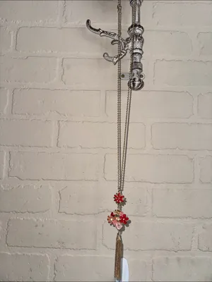 Gold Floral Pendant Necklace with Red and Pink Enamel Flowers new thumbnail 2