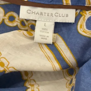 Embellished Blue Gold Chain Print V-Neck Cotton Tunic Top Large Charter Club thumbnail 4