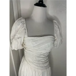 Charming Off-White/Cream Ruched Mini Dress – Puff Sleeves & Smocked Back small thumbnail 4
