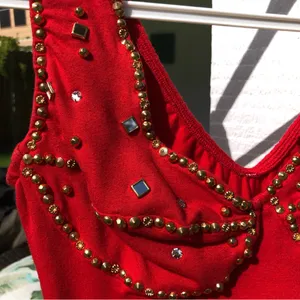 🛍️Red bodycon short dress w/mirrors and gold beads S thumbnail 2