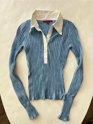 JJ Basics Vintage 90s Aqua Blue Thick Ribbed White Collar Longsleeve Top Large thumbnail 1