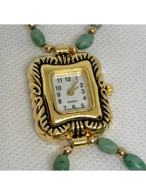 Women’s watch 21mm case quartz analog green gold tone beaded bracelet 7” running thumbnail 2