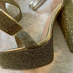 Bamboo Gold metallic glittery felt platform pump high heels with clear buckle straps thumbnail 4