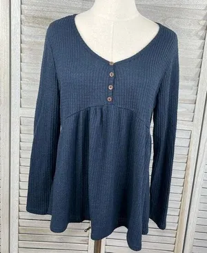 MIA & TESS Thermal Knit Peplum Long Sleeve Top Navy-Medium thumbnail 1