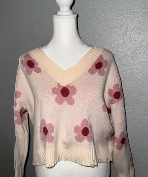 NWOT Small Altar'd‎ State Pink Daisy Flower Sweater Crop Distressed thumbnail 1