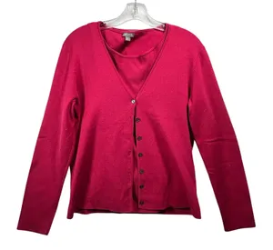 Ann Taylor Womens Medium Raspberry Red Silk Blend Cardigan and Shell Twin Set‎ thumbnail 1