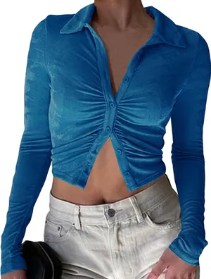 Women Button Down Ruched Long Sleeve Top Blue Size M thumbnail 3