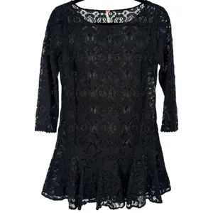 Free People Sheer Floral Lace Mini Dress 3/4 Sleeve Ruffle Hem Black Boho Size 0 thumbnail 3