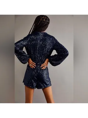 Free People Christa Long Sleeve‎ Sequin Romper Navy Blue Size XS thumbnail 3