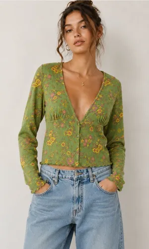Urban Outfitters Ruby Floral Lettuce Edge Button Plunging Crop Top Green XL💚 thumbnail 1