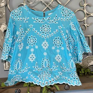 Sky Blue Eyelet Top Scalloped Bell Sleeves Studio JPP Womens Medium thumbnail 2