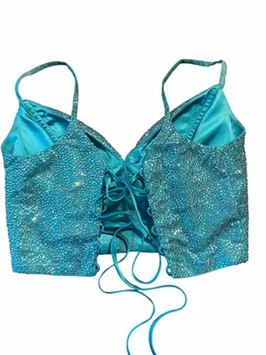 Rhinestone Bustier Corset Top Teal Blue Embellished Bralette Rave Festival Glam thumbnail 3