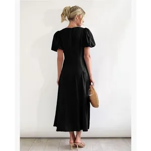 NEW 100% Cotton Puff Sleeve Twist Front V Neck Maxi Dress L thumbnail 2