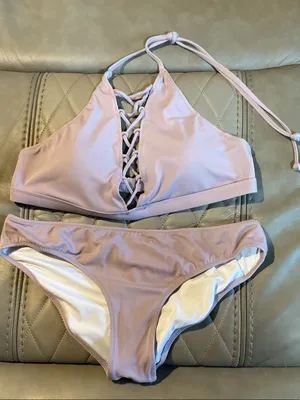 PINK Victoria's Secret Lavender Lace-Up High-Neck Bikini thumbnail 1