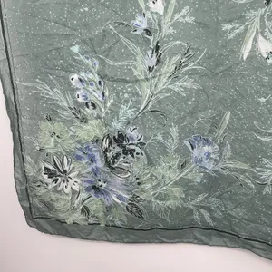 Silk Scarf Square Floral Silk Sheer Teal Blue Delicate Head Waist Tie Elegant thumbnail 4