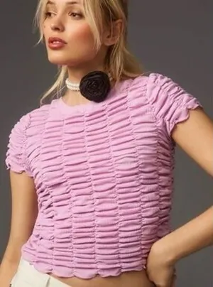 Anthropologie Smocked‎ Short Sleeve Tee Lavender Lilac Textured Crop Top thumbnail 1