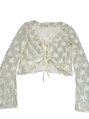 Women’s Ivory Lace Ruffle Blouse Flare Sleeve Tie Front Festival Feminine thumbnail 4