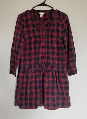 J.Crew Red Navy Plaid Drop Waist Pintuck Pleated Button Front Dress‎ Womens 8 thumbnail 1
